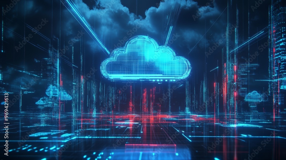 Poster futuristic digital cloud technology in a vibrant data landscape with abstract glowing elements and c