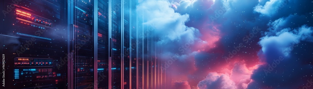 Poster futuristic data center with vibrant lights and cloud patterns, showcasing advanced technology and di