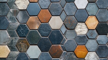 Hexagonal tiles with varied textures and colors, forming an eye-catching mosaic pattern for interior design