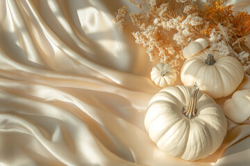 White pumpkins and dried flowers on soft, flowing satin fabric, fall modern background with copy space