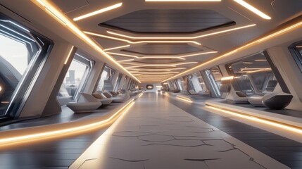 Obraz premium Interior of a futuristic train station with hexagonal design elements in flooring and seating areas