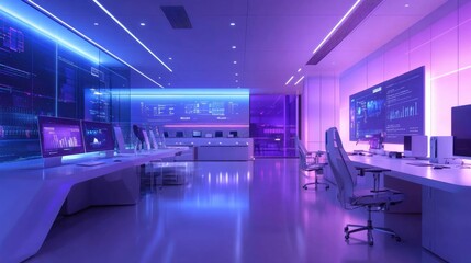 Interior of a high-tech office space with minimalist furniture, digital screens, and innovative lighting solutions 