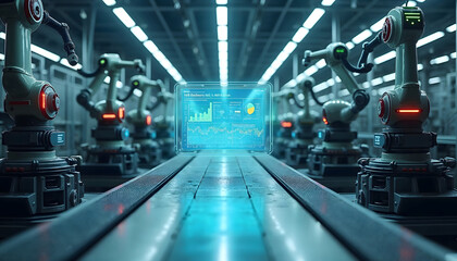 Advanced robotic arms operate in a modern factory, showcasing automated production with integrated data displays, highlighting innovation in manufacturing.