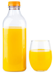 Orange juice bottle and glass. Organic orange or lemon juice in plastic bottle. One gallon or liter cold Juice for smoothie. Fresh fruit juice for drinking cocktail. Vitamin citrus tropical lemonade
