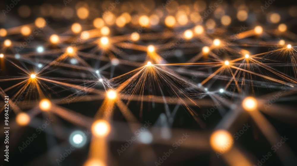 Poster abstract close-up of glowing network connections with luminous nodes, symbolizing technology, data, 