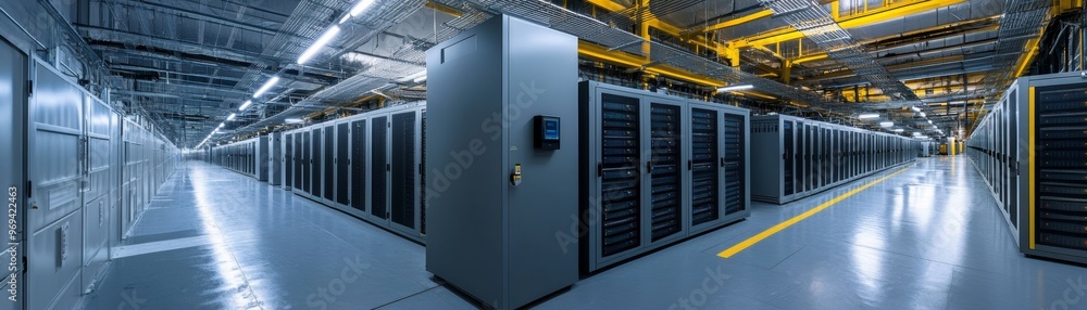 Poster a wide-angle view of a modern data center with server racks, illuminated by led lights, showcasing a
