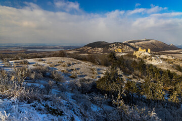 Palava winter landscape with Sirotci hradek ruins, Southern Moravia, Czech Republic