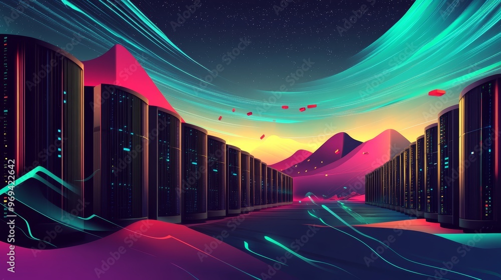 Poster a vibrant digital landscape featuring abstract server structures against a colorful sunset backdrop.