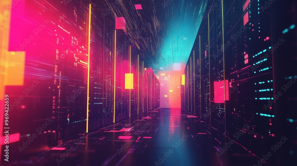 Poster a vibrant corridor of a futuristic data center with illuminated servers and digital patterns in neon