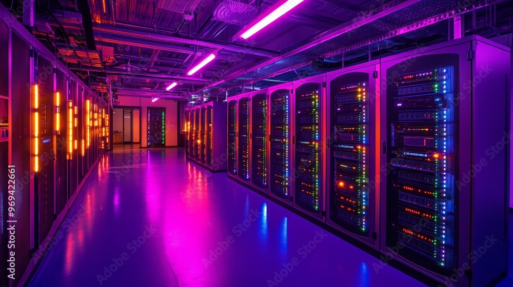 Poster a vibrant data center illuminated by colorful lights, showcasing rows of server racks in a modern te