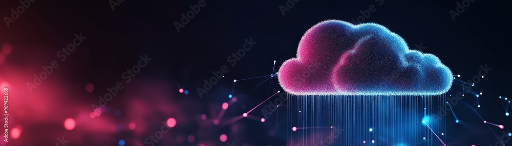 Poster a vibrant digital cloud graphic with colorful effects, representing data flow and technology in a mo