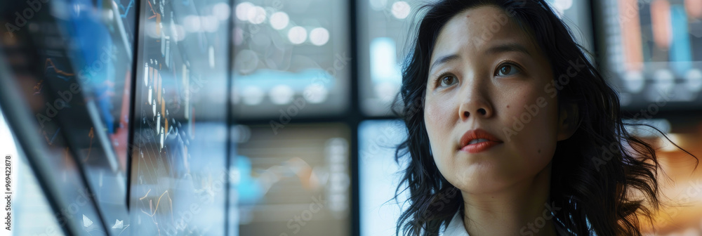 Poster a woman with curly hair examines various data visualizations on multiple digital displays in a conte