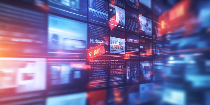 Dissemination of news and information using elements such as newspapers, headlines and television screens representing journalism, media and updates.