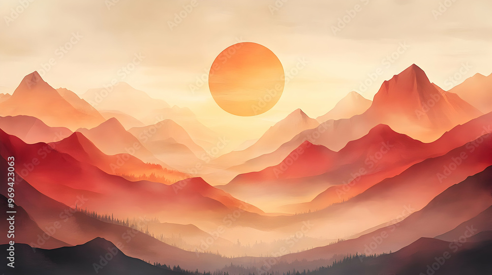 Canvas Prints A serene landscape featuring mountains and a large sun setting in warm hues.