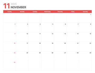 Calendar 2025. Calendar week 2025 starts on Sunday. Corporate minimalist clean calendar for November 2025