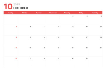 Calendar 2025. Calendar week 2025 starts on Sunday. Corporate minimalist clean calendar for October 2025