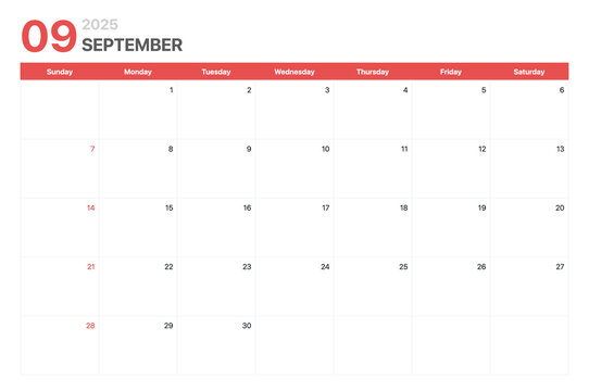 Calendar 2025. Calendar week 2025 starts on Sunday. Corporate minimalist clean calendar for September 2025