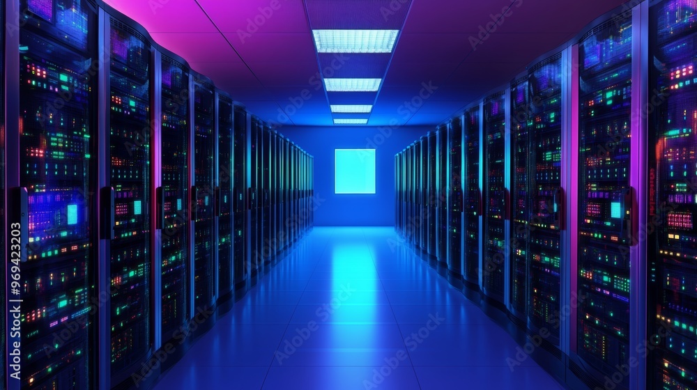 Poster a modern data center with illuminated server racks, showcasing technology and innovation in a vibran