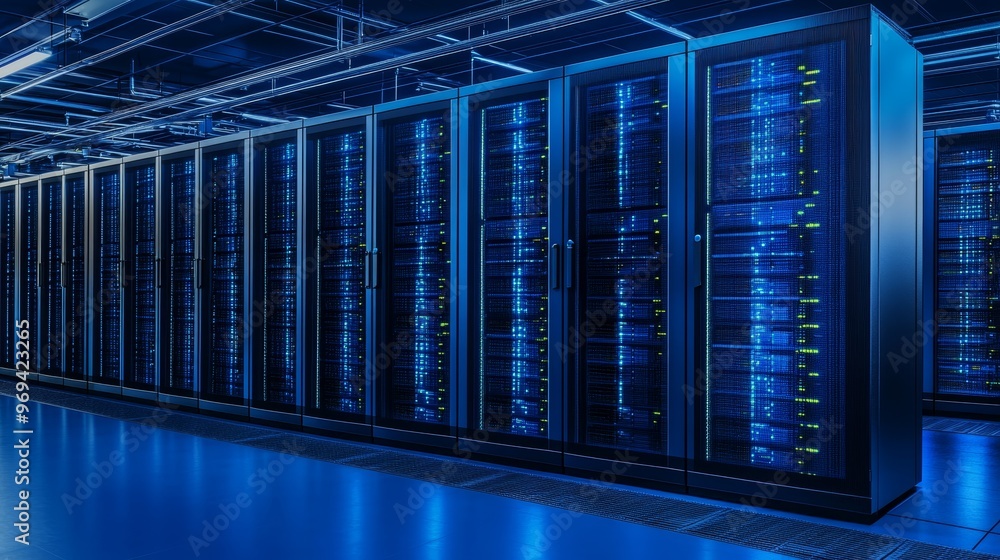 Poster a modern data center showcasing rows of server racks illuminated in blue light, symbolizing advanced