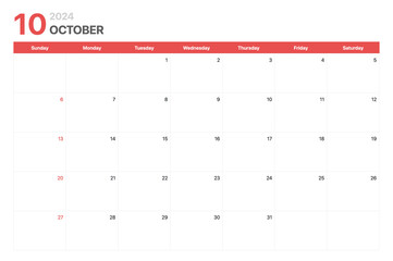 Calendar 2024. Calendar week 2024 starts on Sunday. Corporate minimalist clean calendar for October 2024