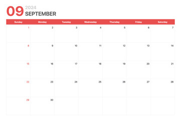 Calendar 2024. Calendar week 2024 starts on Sunday. Corporate minimalist clean calendar for September 2024