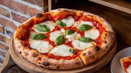 A photo of a pizza with a golden-brown crust. The pizza has a vibrant red sauce and is topped with fresh mozzarella cheese and green basil leaves. The pizza is sliced and served on a wooden platter.