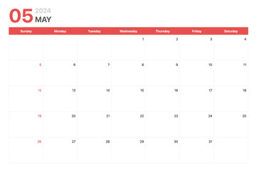 Calendar 2024. Calendar week 2024 starts on Sunday. Corporate minimalist clean calendar for May 2024