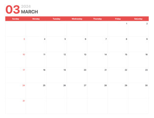Calendar 2024. Calendar week 2024 starts on Sunday. Corporate minimalist clean calendar for March 2024