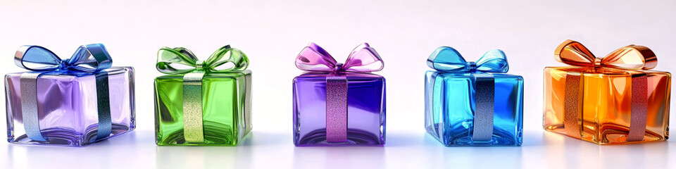 Colorful presents, gift boxes made of glass and wrapped in glass ribbons.