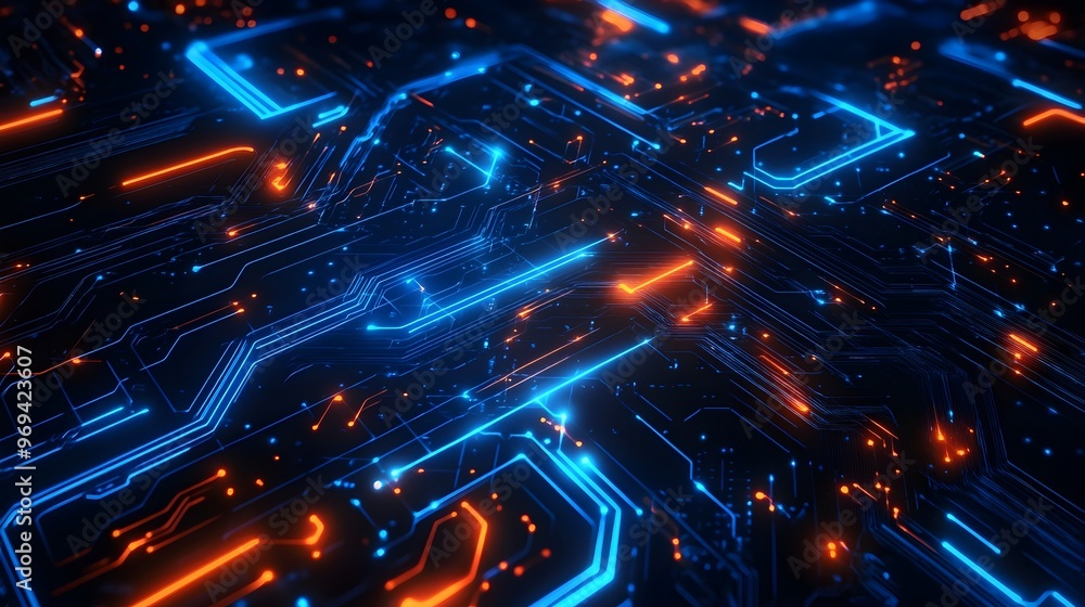 Poster captivating futuristic circuit patterns with neon glow and luminous geometry