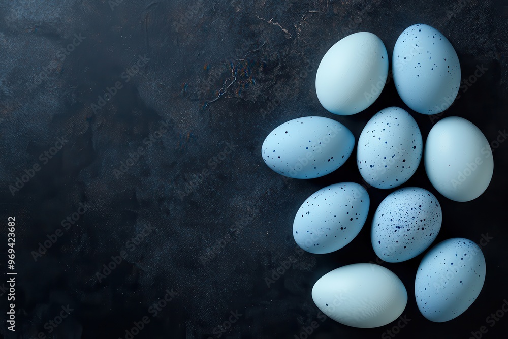 Aufkleber artfully crafted blue easter ornaments on a deep background: a stylish minimalist display. top-down 