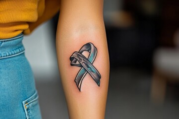 A prostate cancer ribbon tattoo, symbolizing hope, strength, and the fight against the disease, worn by a survivor or loved one