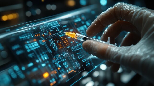 Hand with syringe pointing at high-tech digital screen - Powered by Adobe