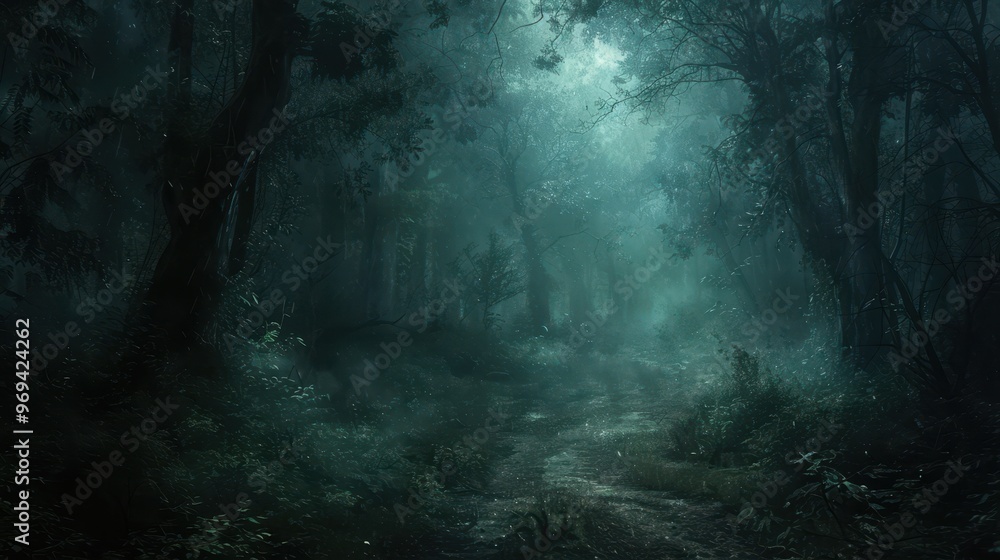 Poster a dark forest with a path through it