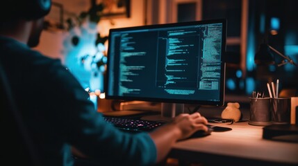 Night-time coding session with multiple monitors setup