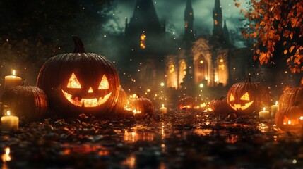 Obraz premium spooky night scene featuring Halloween pumpkins and candles in front of a gothic castle, rendered with cinematic lighting and dark fantasy elements for a Halloween concept