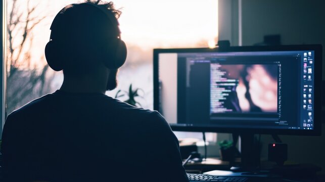 Developer coding near window during golden hour sunset