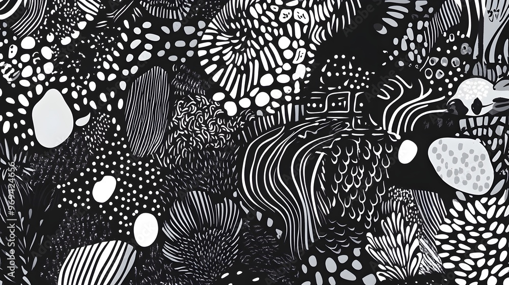Poster captivating abstract patterns and fluid shapes in black and white