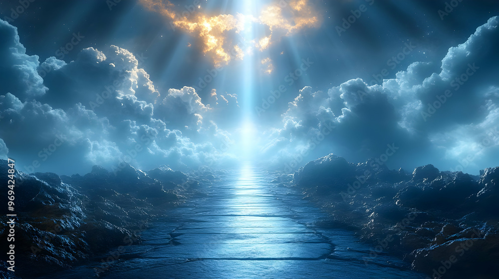 Poster a serene pathway illuminated by light, surrounded by clouds and a reflective surface.