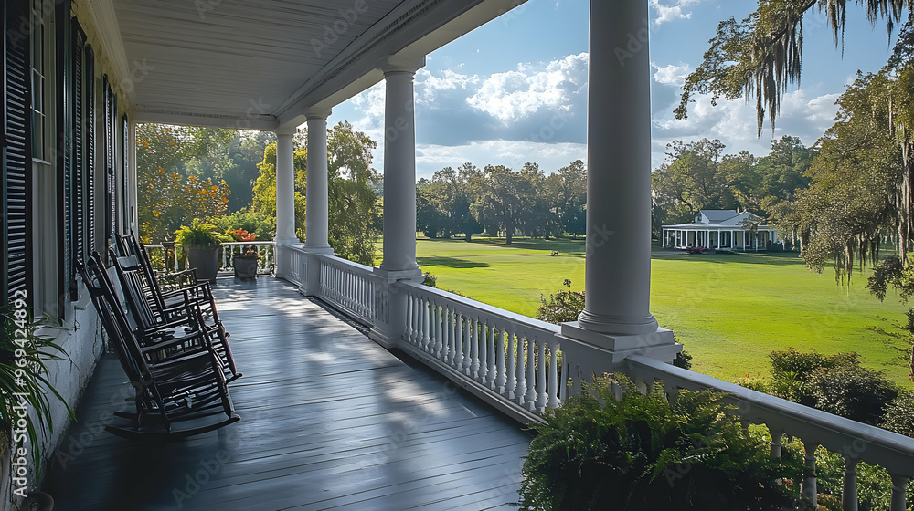 Poster A serene porch view overlooking a lush green landscape with rocking chairs and columns.