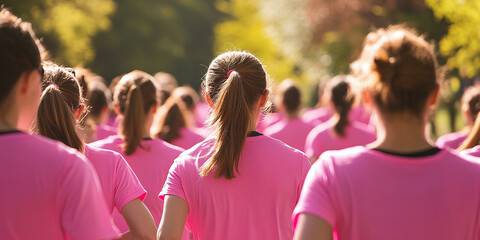 Group of people wearing pink shirts participating in a charity run or walk