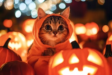 A Tabby Cat Wearing an Orange Hoodie Among Lit Jack-o'-Lanterns