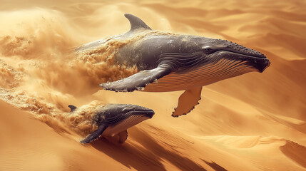 Surreal image of two whales seemingly swimming through golden desert sand dunes, blending nature and fantasy in a striking visual.