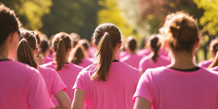 Group of people wearing pink shirts participating in a charity run or walk