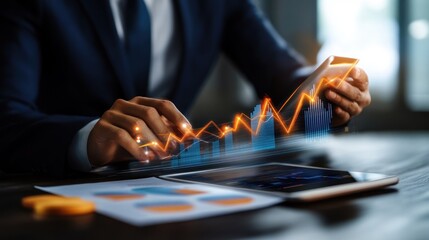 Businessman interacts with rising graph on the tablet