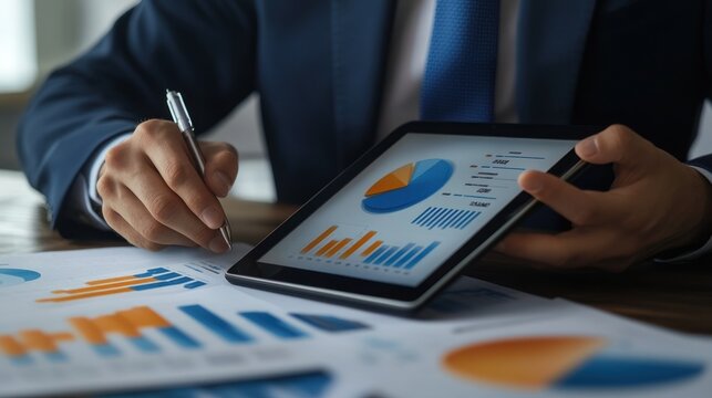 Analyst with stylus examining data on tablet and paper.