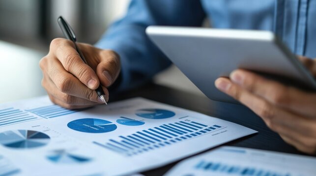 Man analyzing business charts on papers and tablet