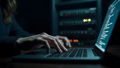 A close-up of a programmer's hands typing on a laptop, surrounded by server racks. The dim lighting creates a focused atmosphere for late-night coding sessions.