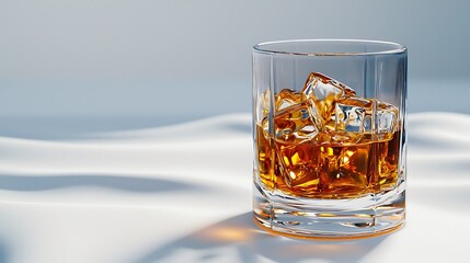 A tumbler of whiskey with ice sits elegantly against a white backdrop.