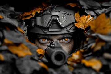 Fototapeta premium A sniper buried under a pile of leaves, their rifle poking through a small gap as they patiently wait for their target to pass by